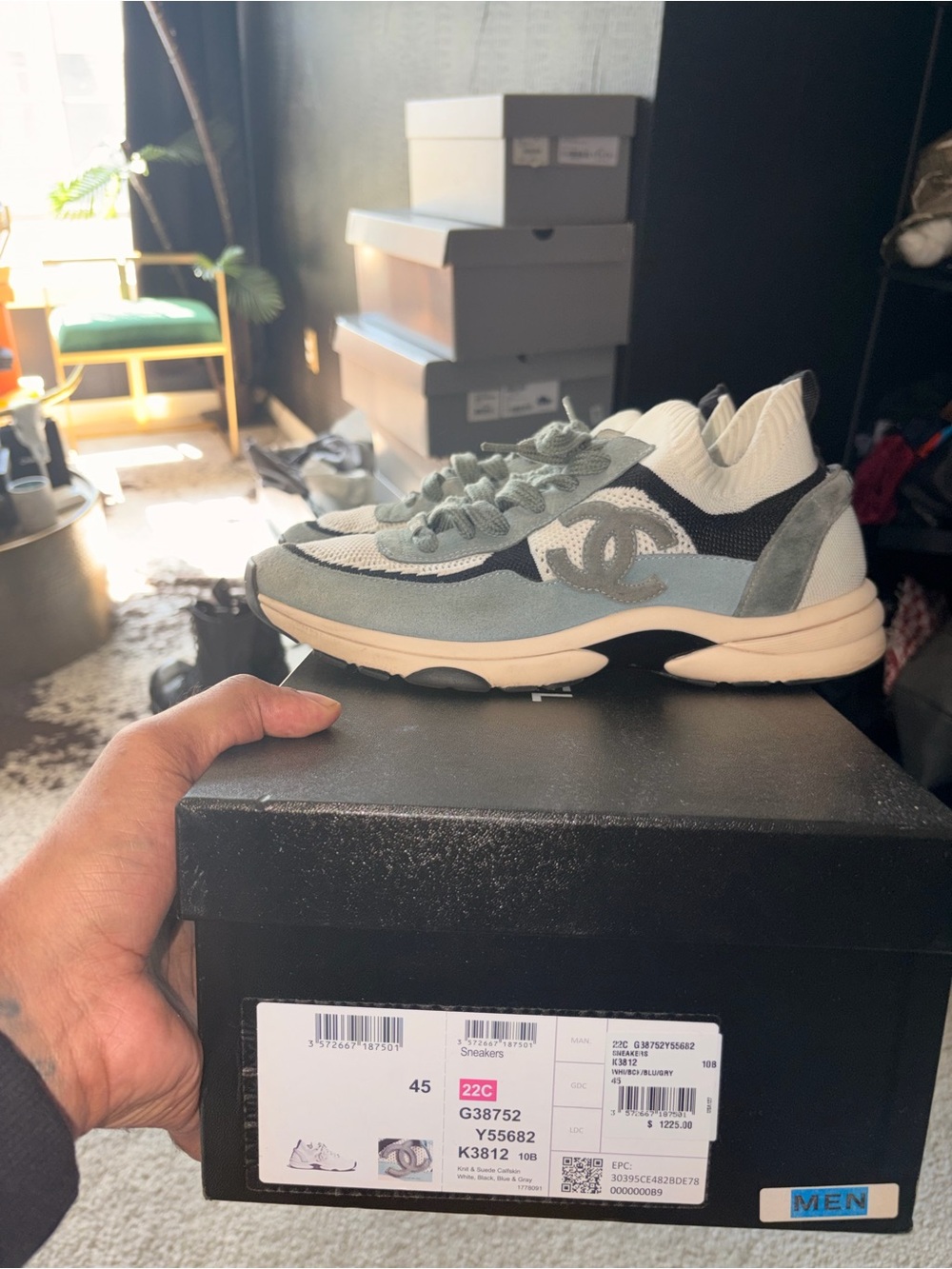 CHANEL men Light Blue, White & Black Suede Mesh Logo Sneaker